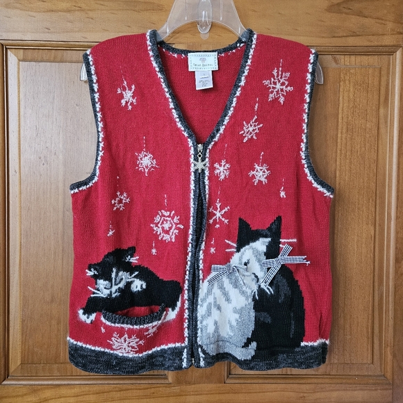 Pull De Noël Sans Manches Susan Bristol Vintage Femme Taille S - Laine Rouge Avec Poches